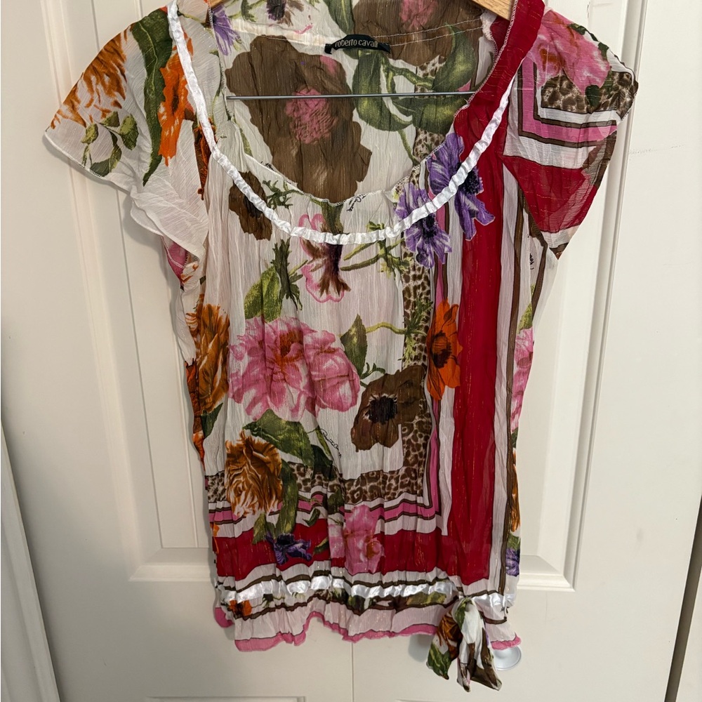 Vintage Roberto Cavalli Pink and Green Asymmetrical Ruffled Blouse